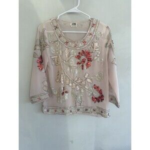 Holly Bracken Small S Top Blouse Beaded Designer Long Sleeve Sequins Shirt Beige